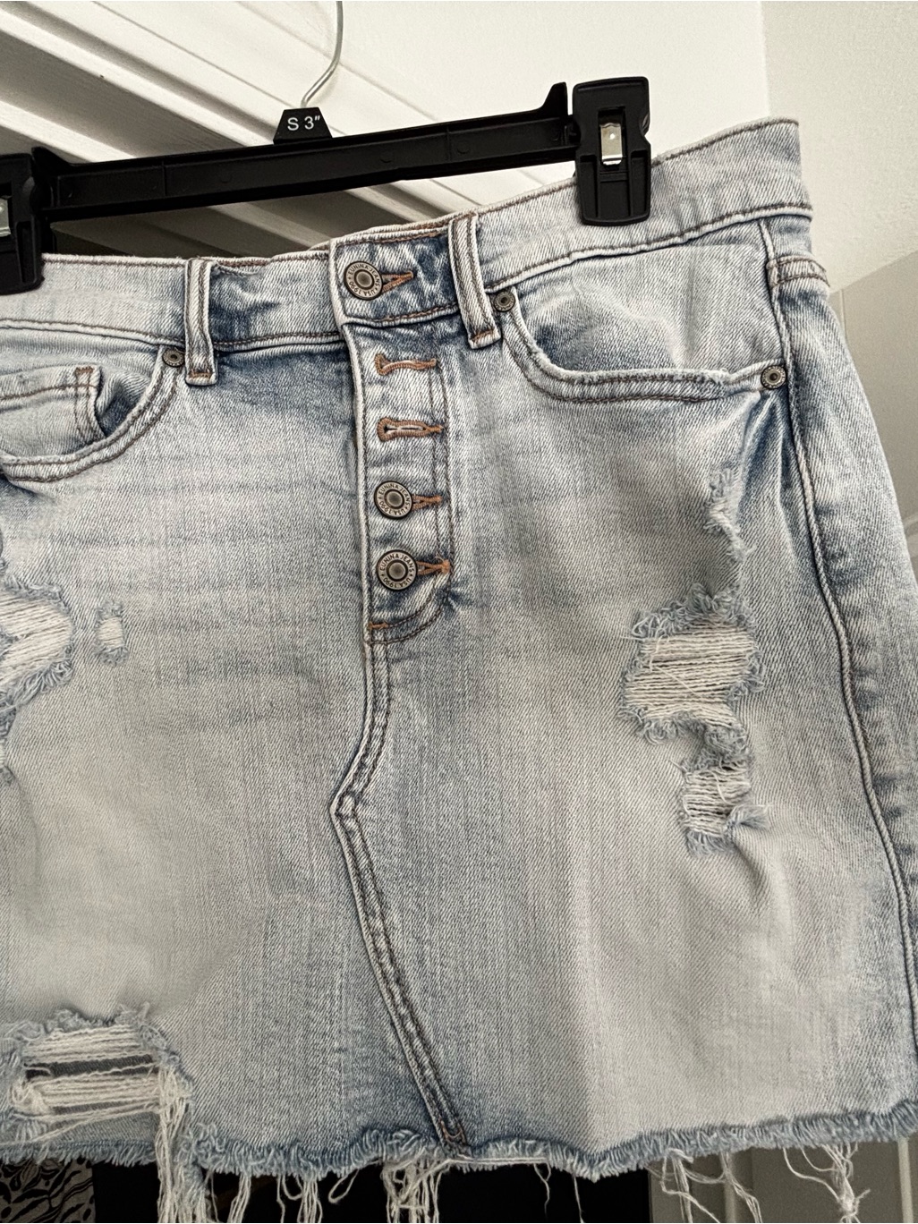 Eunina Alexis Faded Light Blue Button-Fly Distressed Denim Mini Skirt